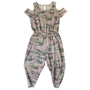 Justice Girls Jumpsuit 18 Green Camouflage Short Sleeve Cold Shoulder 24" Inseam